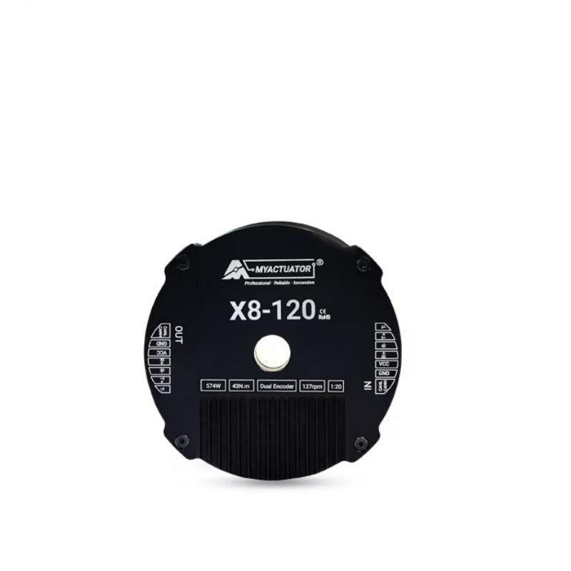 MyActuator X8-120 actuator front face with model marking and status label panel