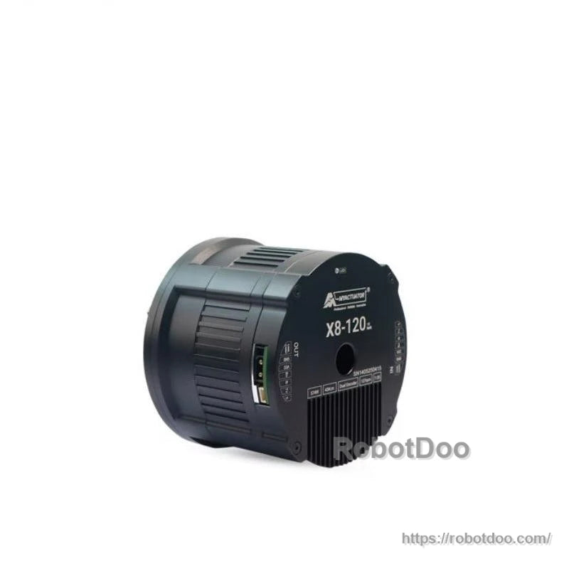 Side/back angled view of X8-120 actuator showing connector opening and ribbed motor housing