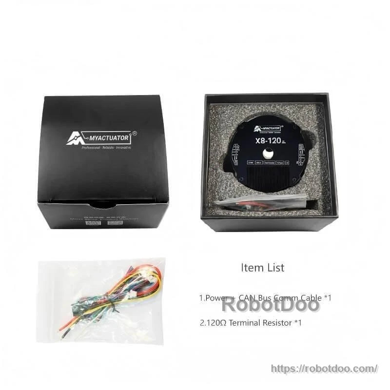 Package contents: MyActuator X8-120 in foam box with wiring harness and 120Ω terminal resistor