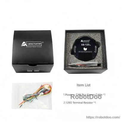 Package contents: MyActuator X8-120 in foam box with wiring harness and 120Ω terminal resistor