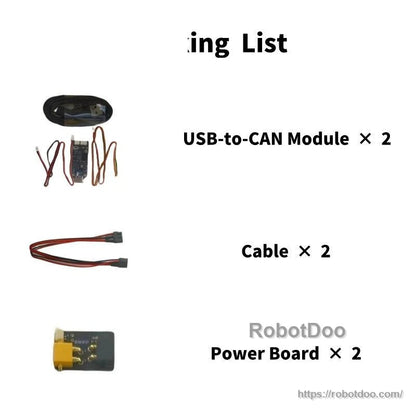 Packing list image showing USB-to-CAN modules x2, cables x2, and power boards x2