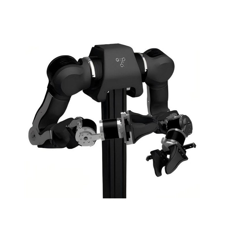 Bimanual robotic arm kit close-up on mount, showing shoulder joints, forearms, and two gripper end effectors