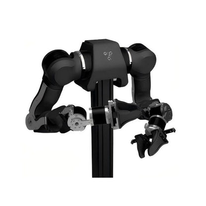 Bimanual robotic arm kit close-up on mount, showing shoulder joints, forearms, and two gripper end effectors