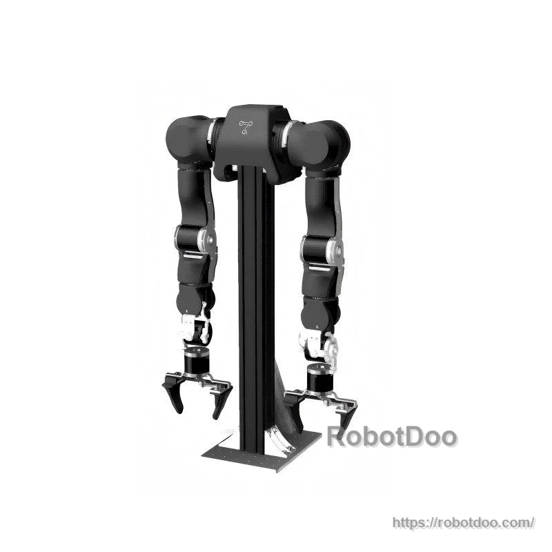 Front view of dual robotic arms mounted on base plate, both grippers hanging straight down