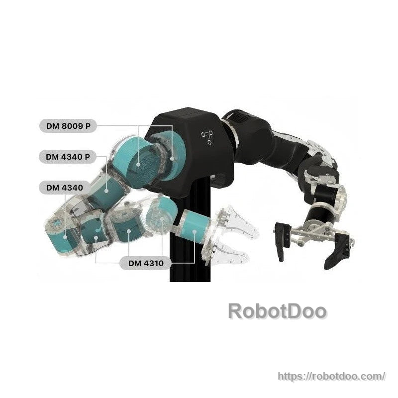 Robotic arm assembly with labeled actuator modules (DM8009P, DM4340P, DM4340, DM4310) diagram overlay