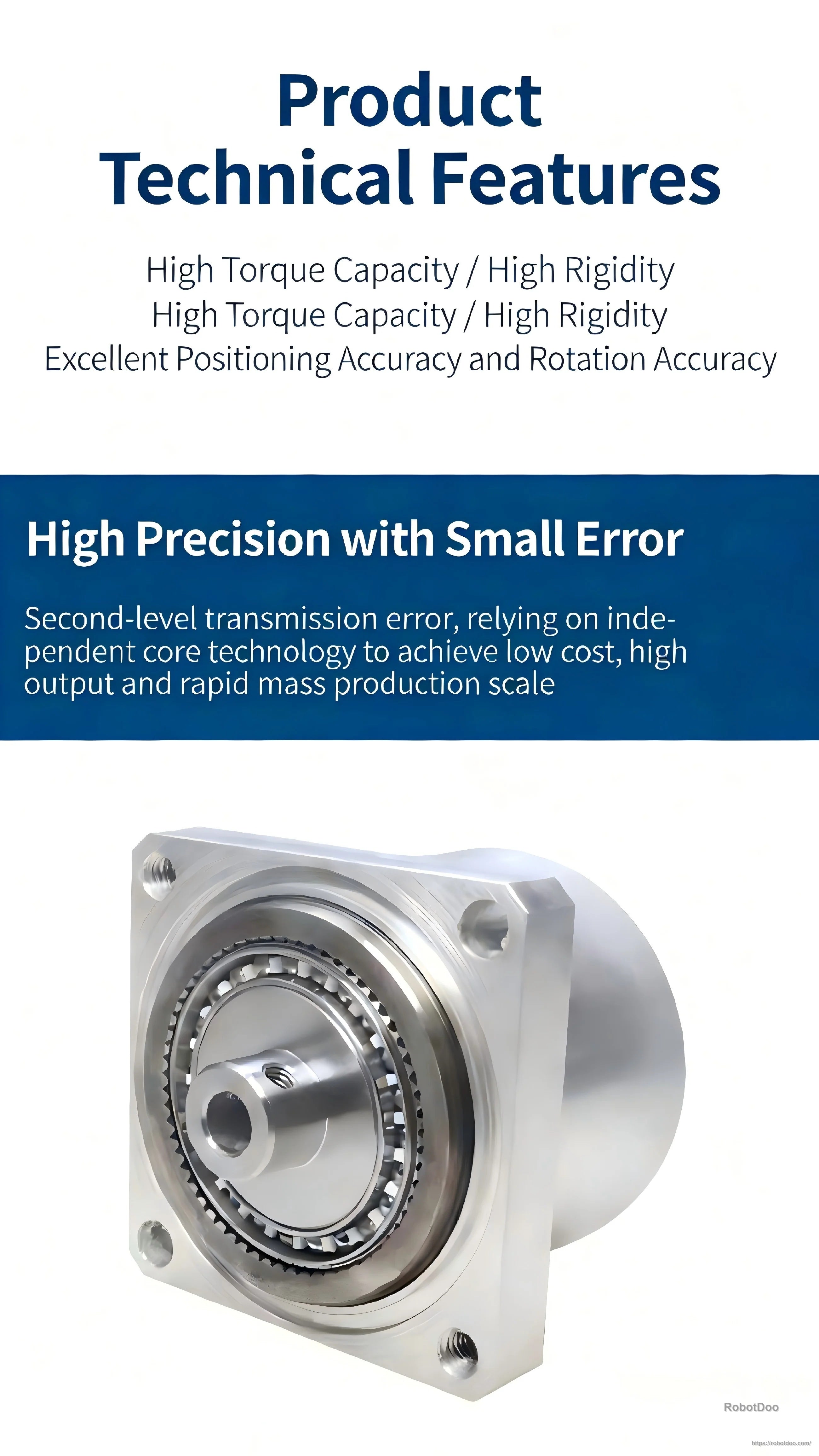 Technical features slide for MINI Series harmonic reducer highlighting high torque, rigidity, and positioning accuracy