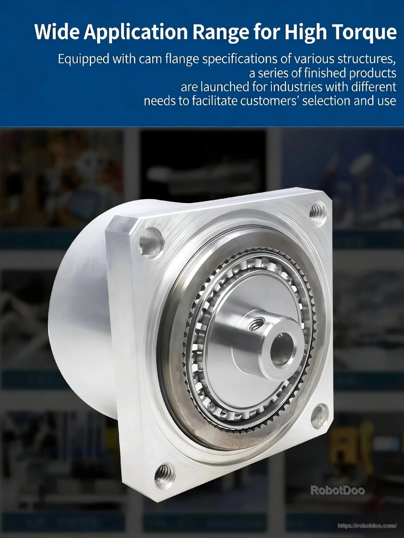 Close-up of compact cam-flange harmonic reducer showing output hub, bearing ring, and four mounting holes