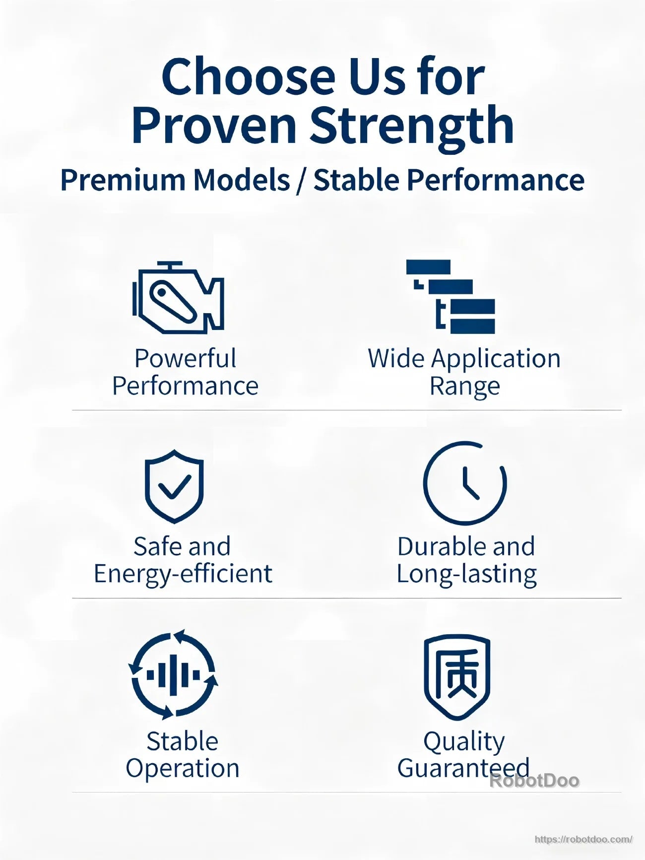 Key benefits infographic for PY TECHNOLOGY MINI Series reducer: stable performance, wide use, durable and energy-efficient