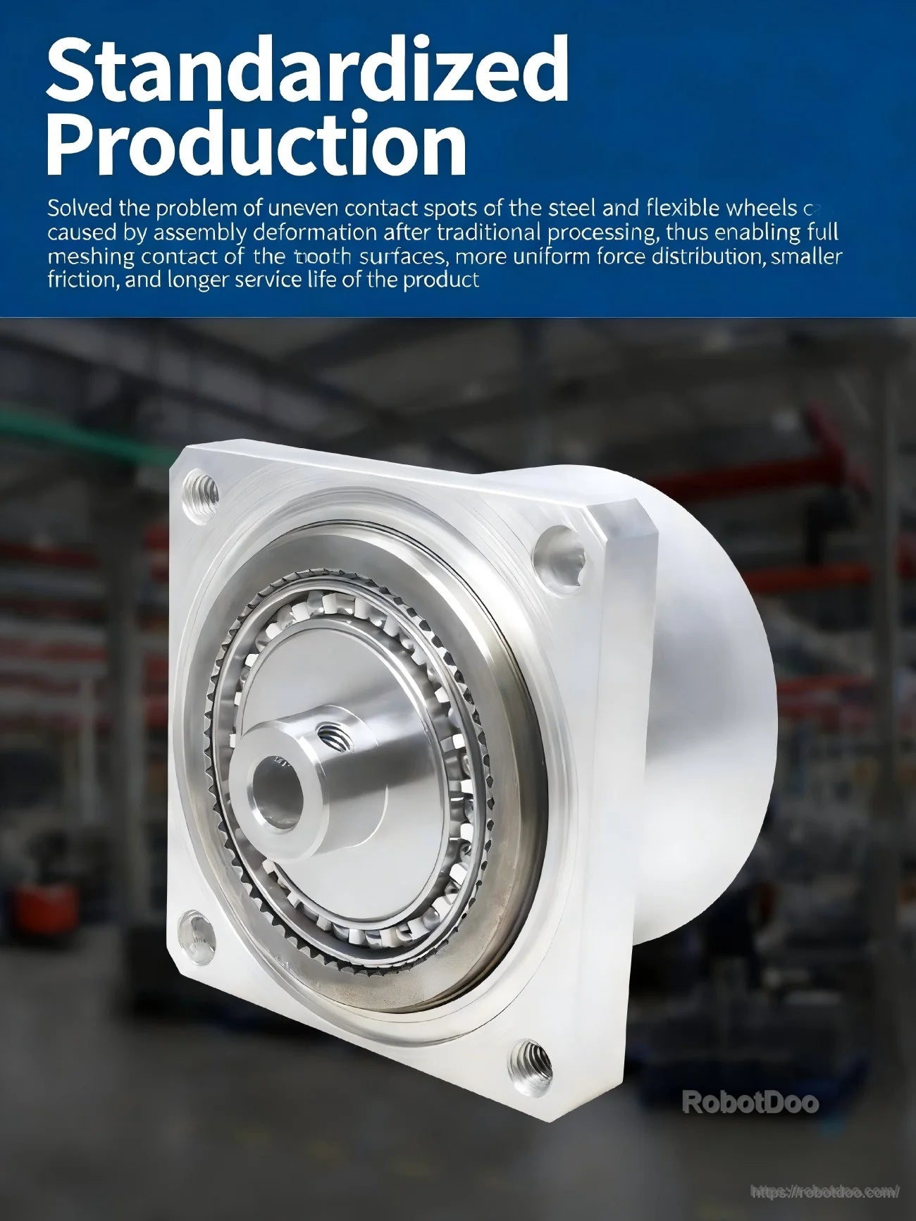 Standardized production graphic with MINI Series reducer, emphasizing improved tooth-surface meshing and longer service life