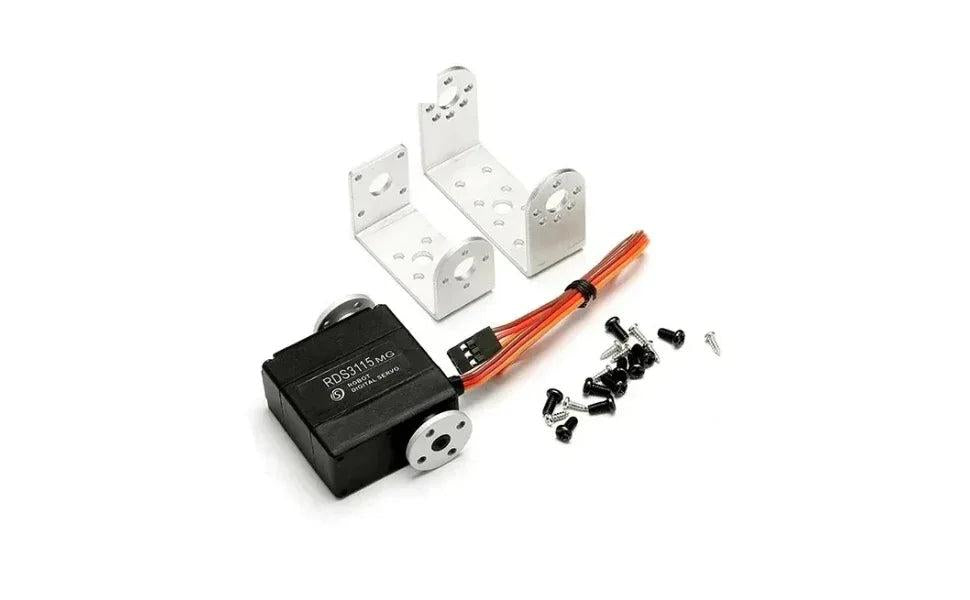 RDS3115 15 kg metal gear digital servo motor with mounting brackets, horn, screws, and lead