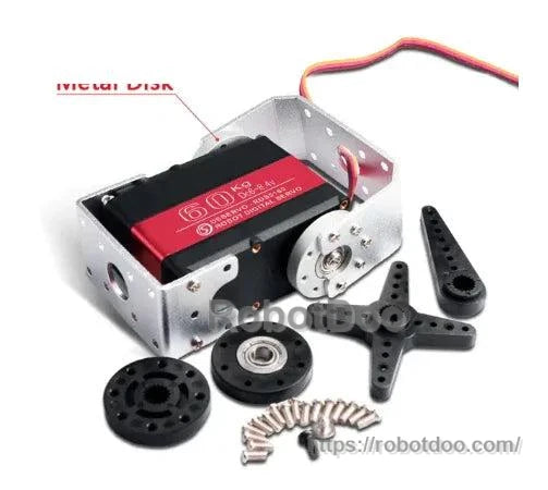 Servo motor kit in a silver mounting bracket with control arms, discs, cable, and hardware