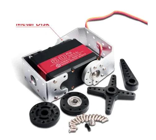 RDS5160 servo motor mounted in a silver bracket with control arms, discs, cable, and screws