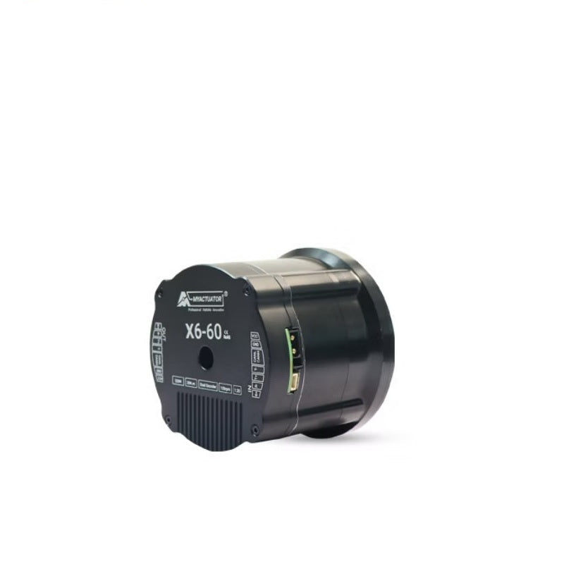 MyActuator RMD-X6-60 Motor angled view showing cylindrical housing and side connector opening