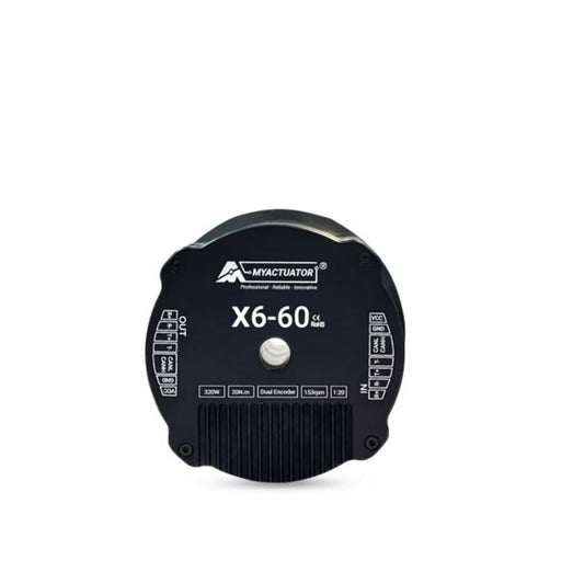 MyActuator RMD-X6-60 motor front faceplate with X6-60 marking and connection diagrams