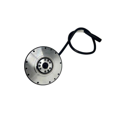 Top view of motor mounting face with attached cable lead and circular bolt-hole pattern