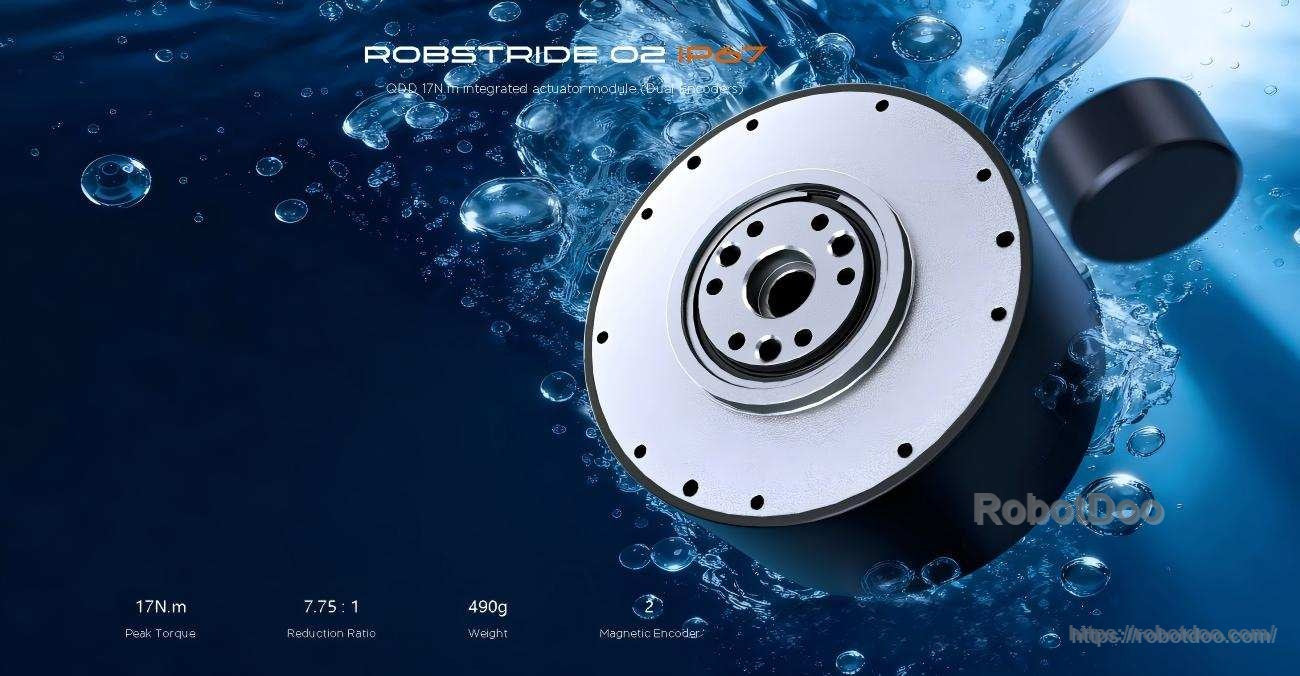 ROBSTRIDE 02 IP67 integrated actuator motor with circular flange and mounting holes, underwater splash visual