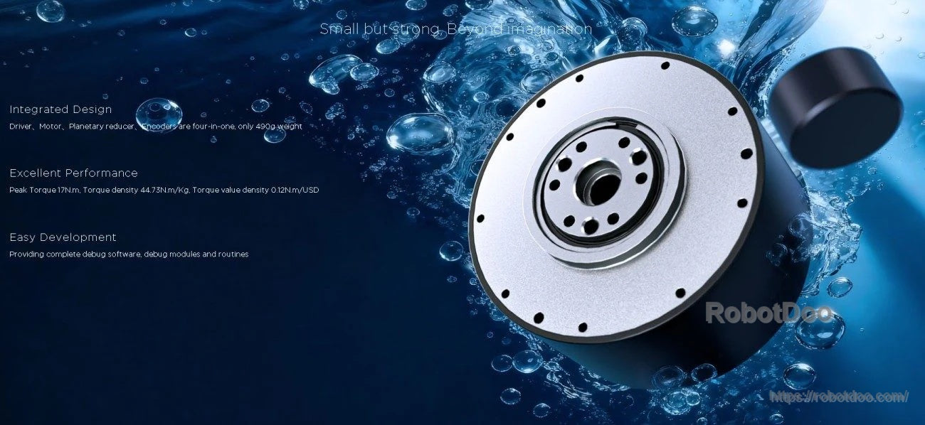 Integrated actuator close-up with feature callouts for integrated design, high torque performance, and easy development