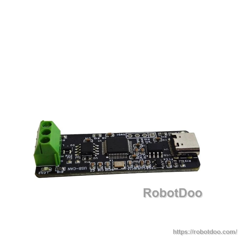 USB-CAN adapter board underside with USB‑C connector, green screw terminal, and components