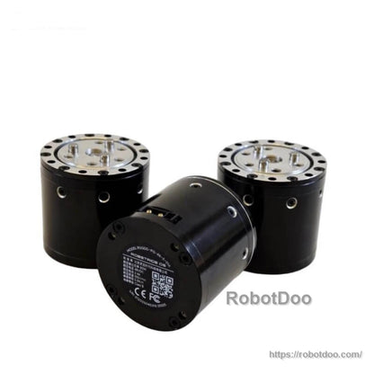 Set of ROBSTRIDE motor units, one flipped to show rear specification label with QR code