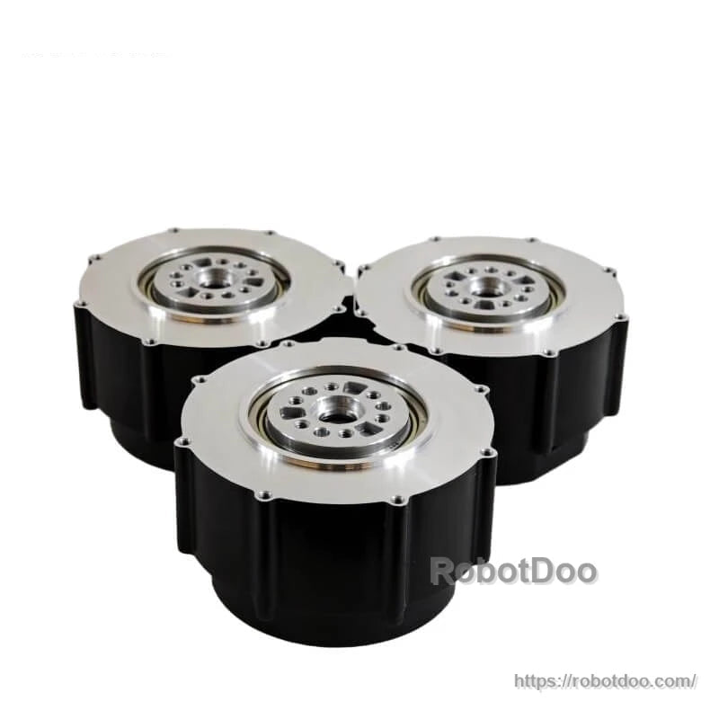 Three ROBSTRIDE motor units grouped together, black housings with silver mounting faces