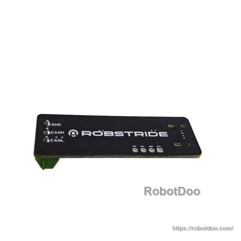 ROBSTRIDE interface board with GND, CANH and CANL pin labels, black PCB adapter