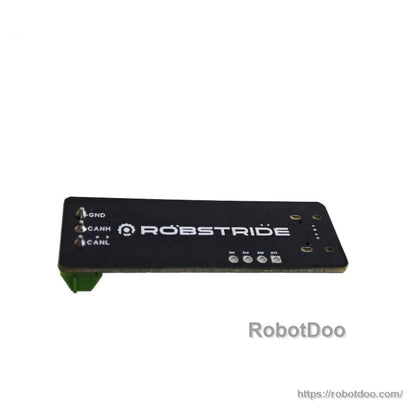 ROBSTRIDE interface board with GND, CANH and CANL pin labels, black PCB adapter