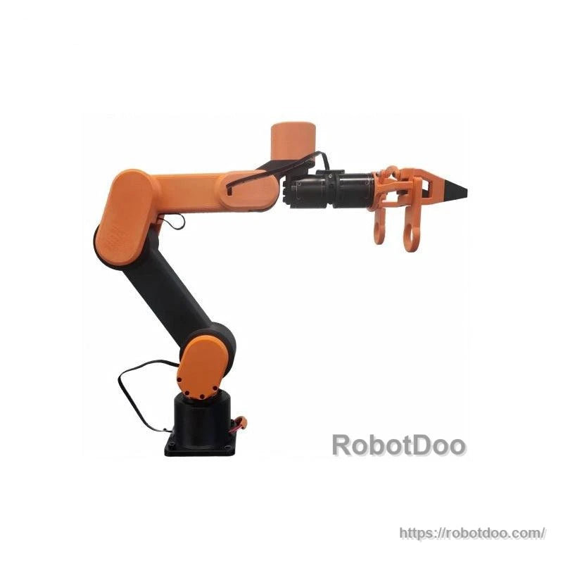 ROBSTRIDE Edulite A3 desktop robot arm side profile on base, extended reach with cable routing visible