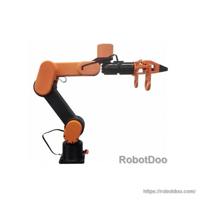 ROBSTRIDE Edulite A3 desktop robot arm side profile on base, extended reach with cable routing visible