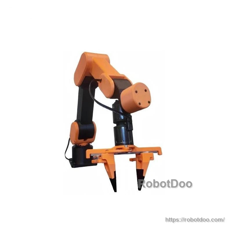 Front three-quarter view of desktop robotic arm with open gripper, showing end-effector and joint layout