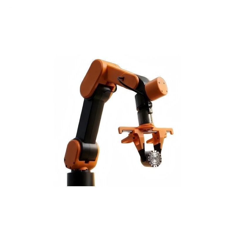 Angled view of orange-and-black desktop robotic arm showing wrist assembly and gripper mounting plate