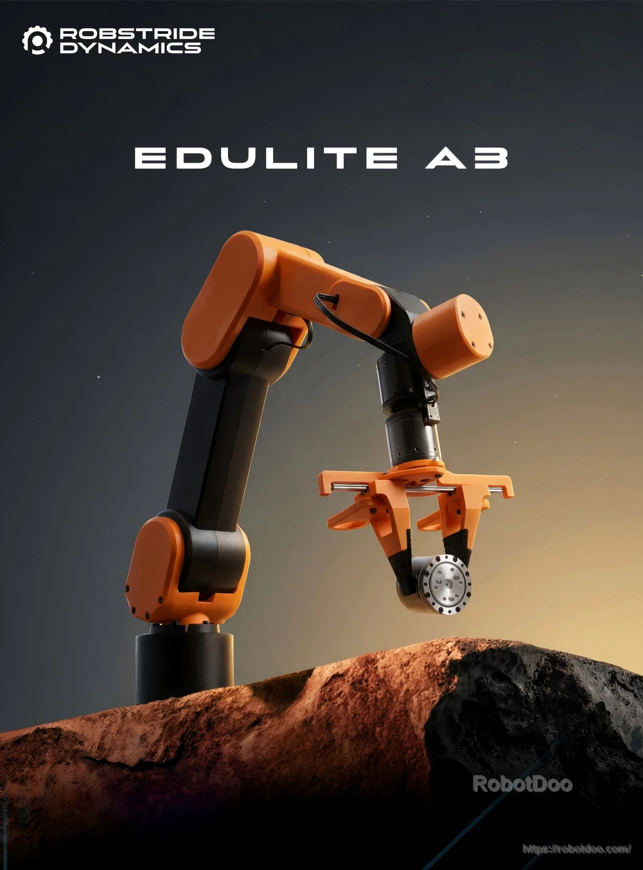 ROBSTRIDE Edulite A3 6-DOF desktop robot arm with gripper, orange-and-black finish
