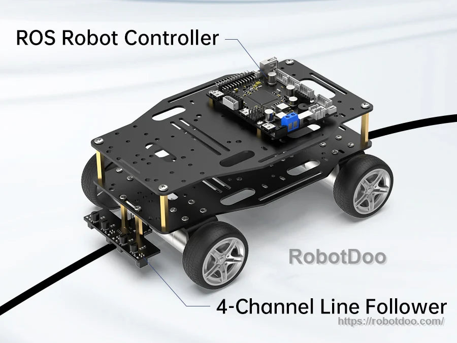 Robot chassis example using the controller with a 4‑channel line follower module mounted underneath
