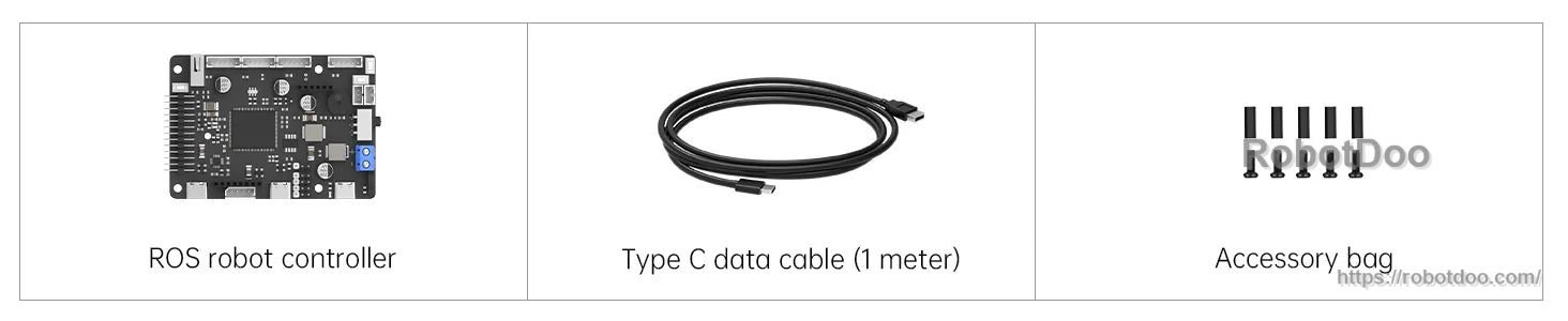 Package contents: ROS robot controller board and 1 m Type‑C data cable plus accessory bag