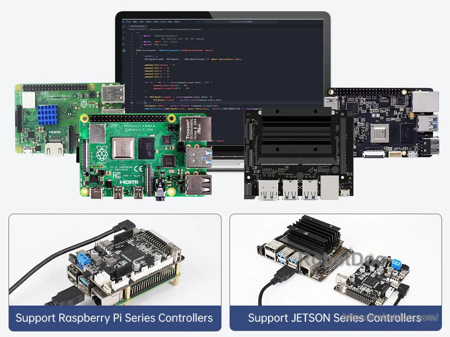 Compatibility graphic showing the board used with Raspberry Pi and NVIDIA Jetson controllers for ROS projects