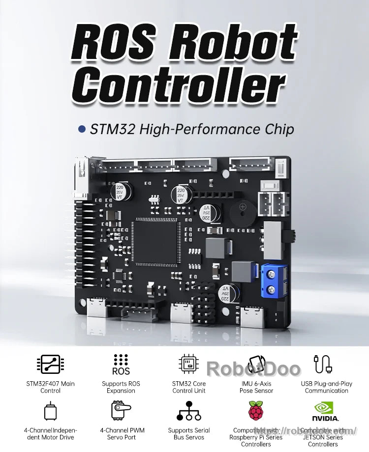 Angled view of the ROS robot controller PCB with Type‑C/USB ports, terminals and expansion headers