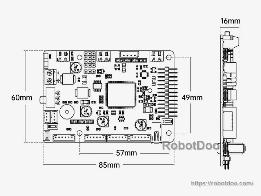 Board dimension drawing showing 85×60 mm footprint and 16 mm thickness with mounting layout