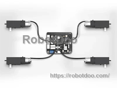 Four DC motor wiring example connected to the expansion board motor ports for robot car chassis builds