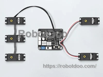 Servo wiring example with multiple servos connected to the expansion board headers for robotic arm control