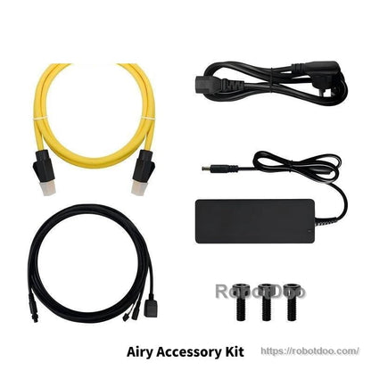Airy accessory kit contents: Ethernet cable, power cord, power adapter, interface cable, mounting screws