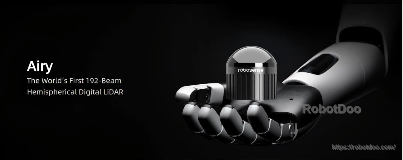 RoboSense Airy 192-beam hemispherical digital LiDAR sensor in robotic hand, compact dome design