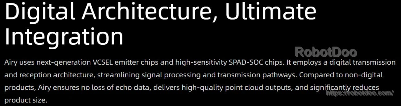 Text slide: Digital architecture for integration; VCSEL emitter chips and SPAD-SOC chips with digital transmission/reception