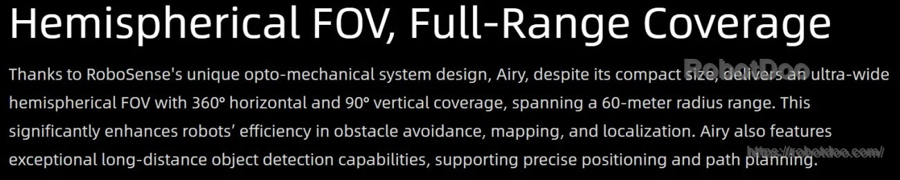 Text slide: Hemispherical FOV and full-range coverage, 360° horizontal and 90° vertical with up to 60 m range