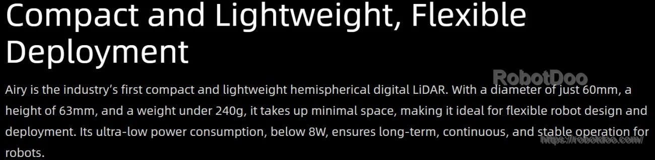 Text slide: Compact and lightweight, flexible deployment; 60 mm diameter, 63 mm height, 240 g, <8 W
