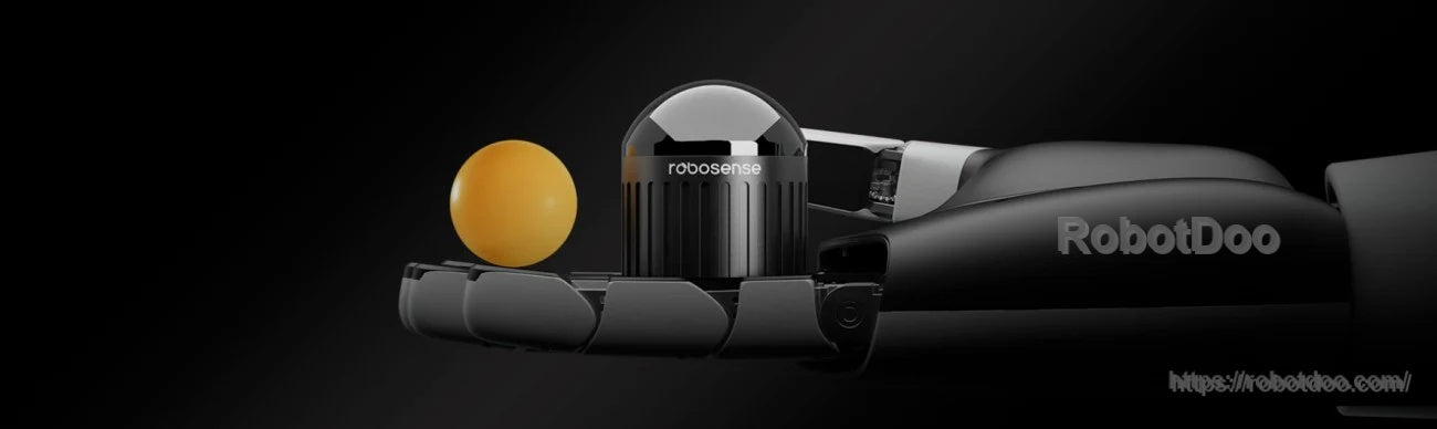 RoboSense Airy LiDAR size comparison on robotic hand beside a ping-pong ball