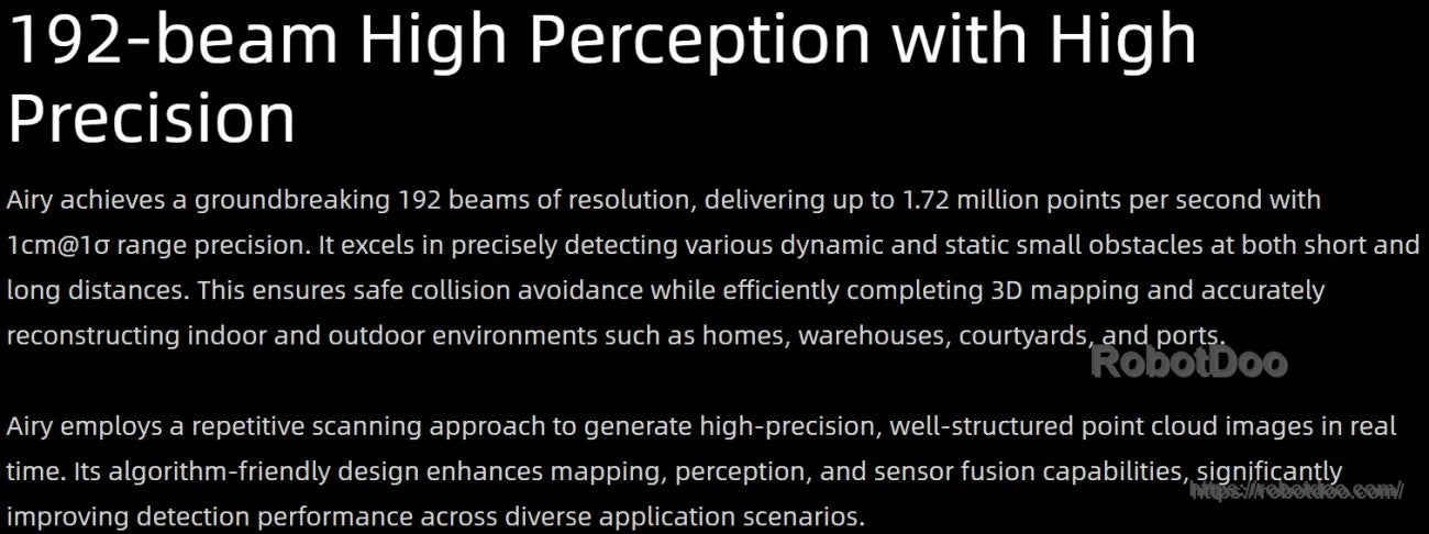 Text slide: 192-beam high perception with high precision, up to 1.72 million pts/s and 1 cm@1σ range precision
