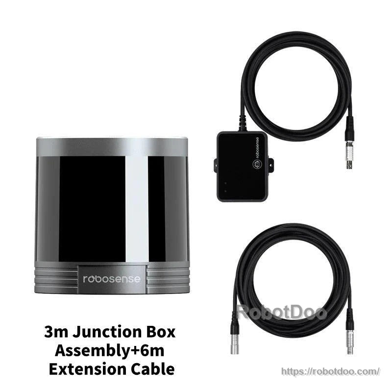 3m junction box assembly and 6m extension cable shown with LiDAR sensor, two coiled cables