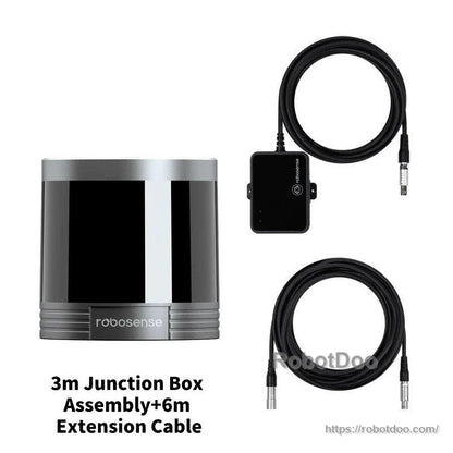 3m junction box assembly and 6m extension cable shown with LiDAR sensor, two coiled cables