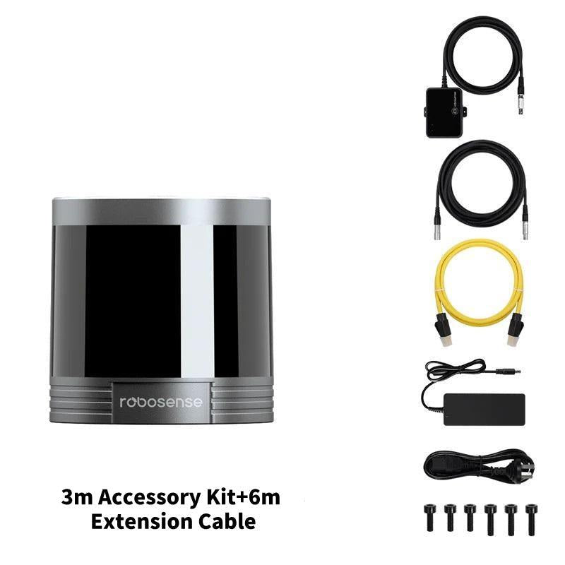 Helios Series LiDAR with 3m accessory kit and 6m extension cable, cables and screws shown