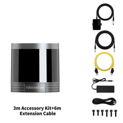 Helios Series LiDAR with 3m accessory kit and 6m extension cable, cables and screws shown