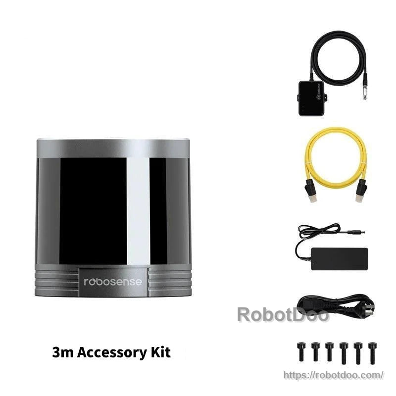 LiDAR sensor with 3m accessory kit contents: junction box, Ethernet cable, power adapter and screws